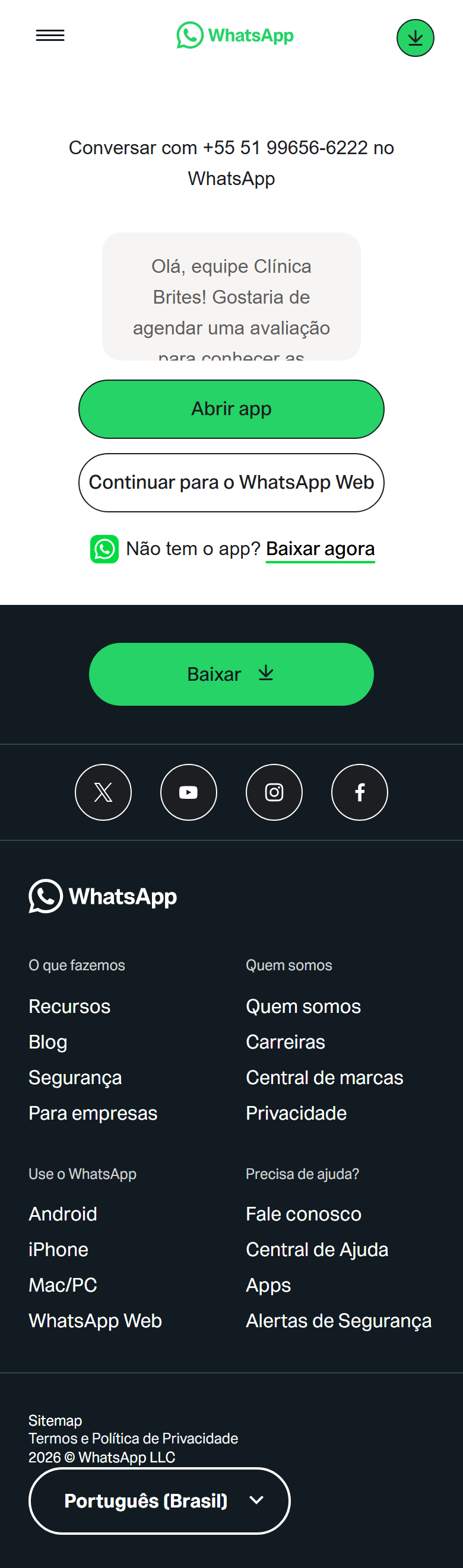 Tela que abre ao clicar em Contato no menu — página do WhatsApp, sem identidade da clínica